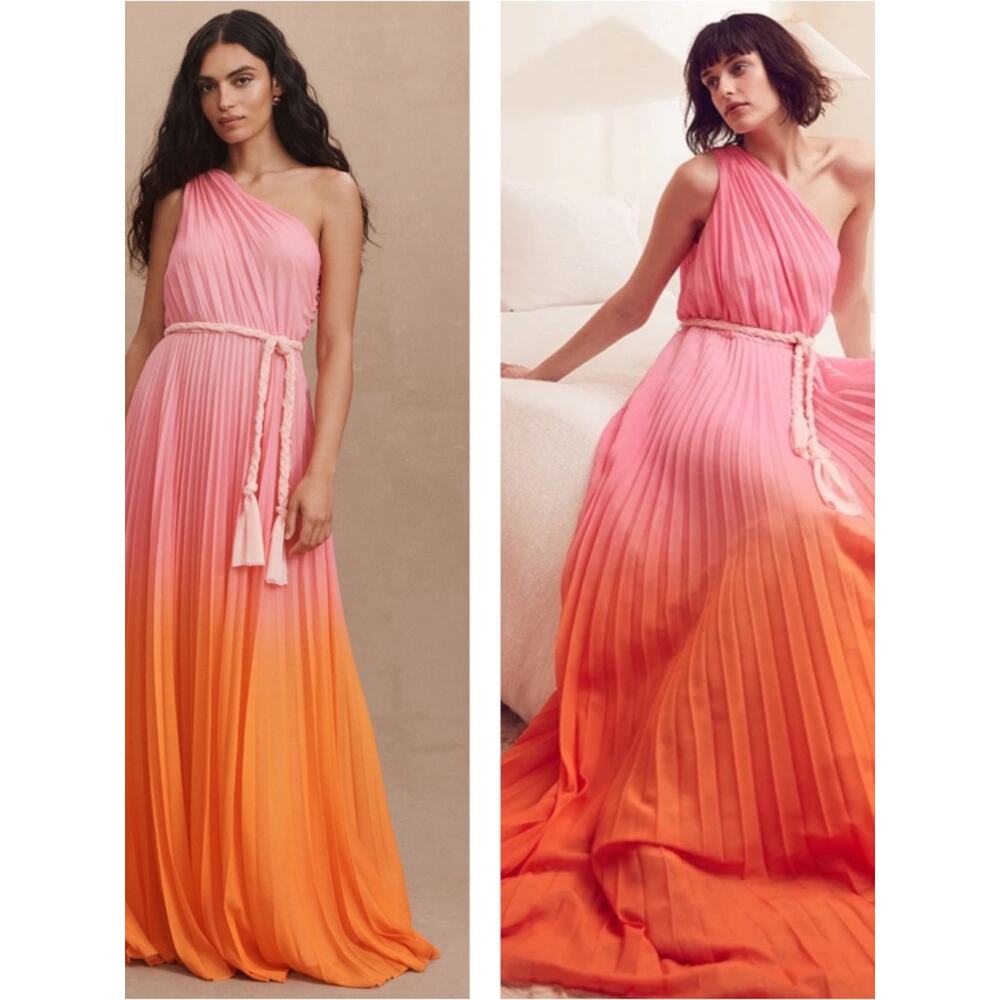 AMUR Garrett One Shoulder Pleated Ombre Belted Maxi Dress Size 2